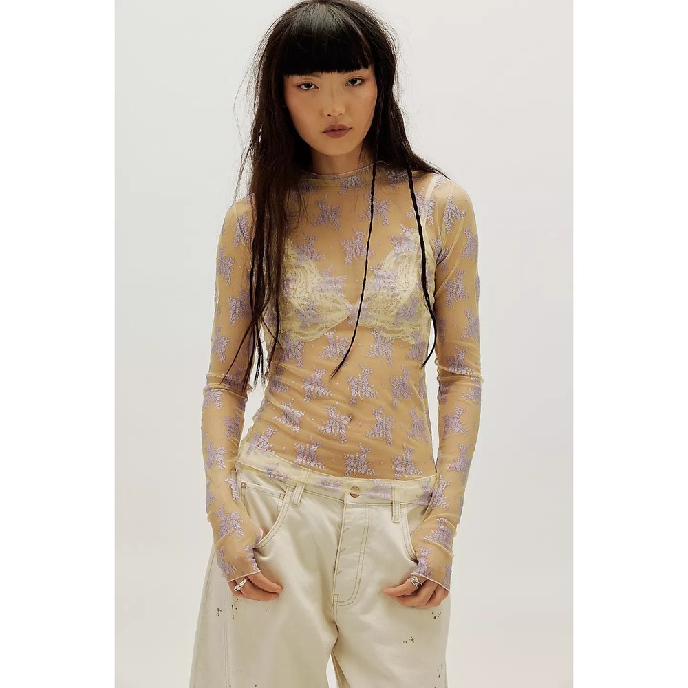 FREE PEOPLE Intimately Lady Lux Layering Sheer Top Size XL Mesh Sugared Violet